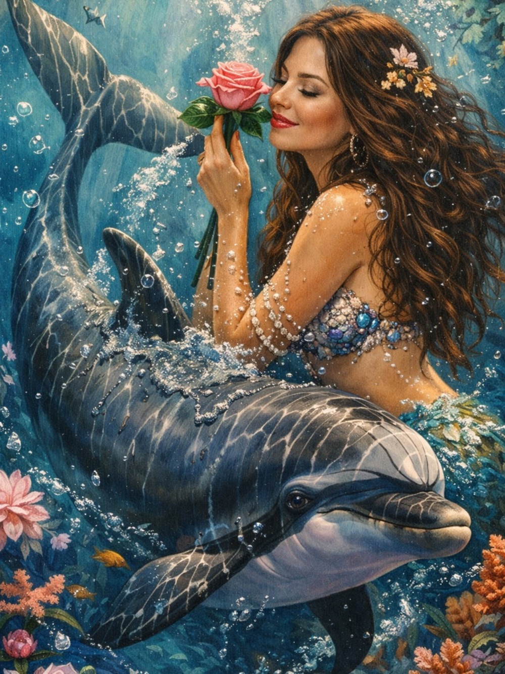 Mermaid & Dolphin Ocean Art printed POSTER 14”L x 11”H